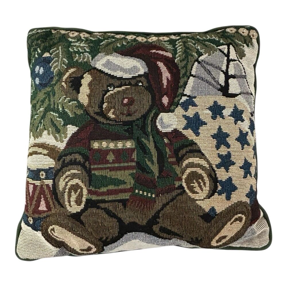 Vintage Santa Teddy Bear Tapestry Accent Throw Pillow 12 X 12 Christmas Holiday